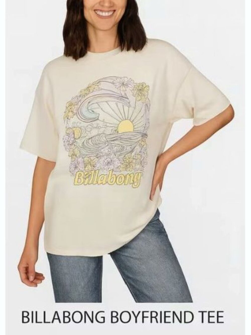 Billabong Womens Golden Coast Oversized Boyfriend T-Shirt in Cream Yellow Size S